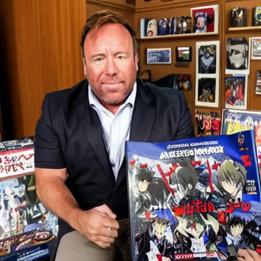 Prompt: alex jones shows off his anime collection.