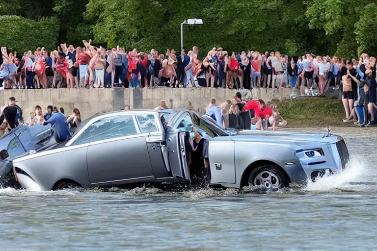 Image similar to Group of teenagers push Rolls-Royce into lake from small slide