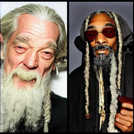 Prompt: Gandalf smoking marijuana with Snoop Dog