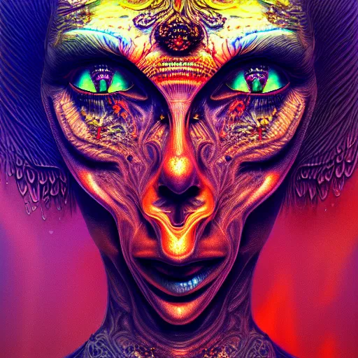 Prompt: An extremely psychedelic portrait of hell, surreal, LSD, face, detailed, intricate, elegant, lithe, highly detailed, digital painting, artstation, concept art, smooth, sharp focus, illustration