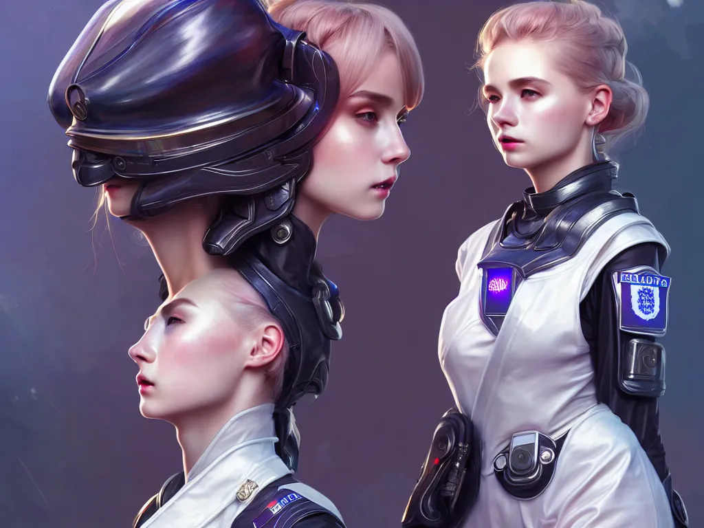 Image similar to portrait futuristic england police uniform girl, at future neon light rooftop, ssci - fi and fantasy, intricate and very very beautiful and elegant, highly detailed, digital painting, artstation, concept art, smooth and sharp focus, illustration, art by tan zi and ayanamikodon and alphonse mucha and wlop