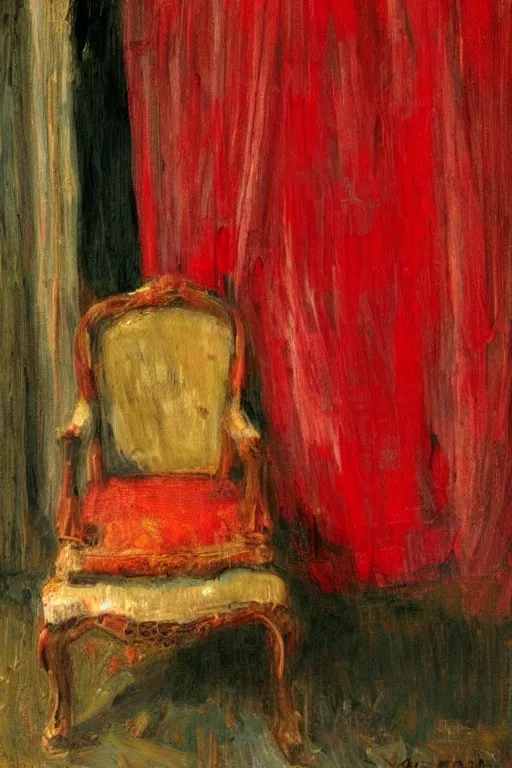 Image similar to an empty red dress laid across a chair in a dark victorian era room. in the style of american impressionism painting. triadic color scheme.