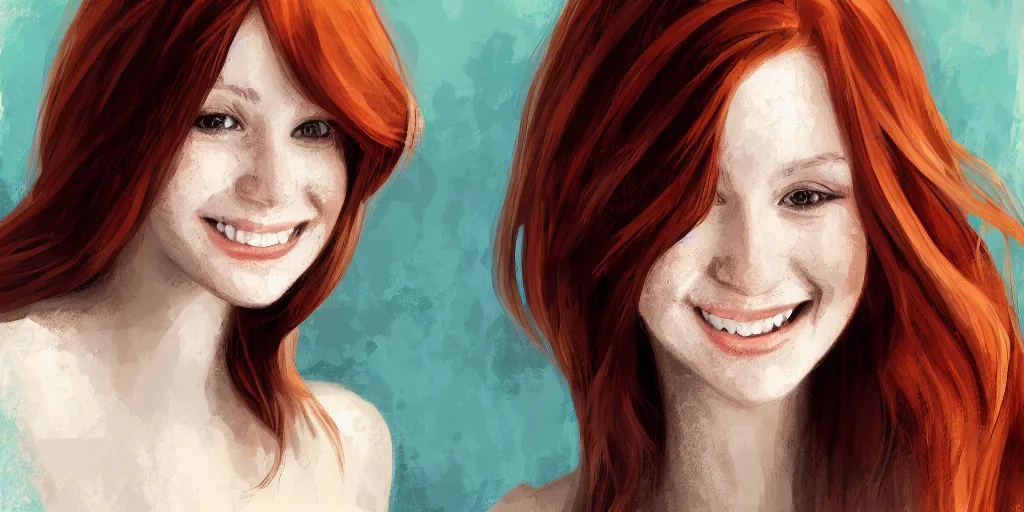 Image similar to Young woman with auburn hair looking into the camera and smiling slight, digital painting