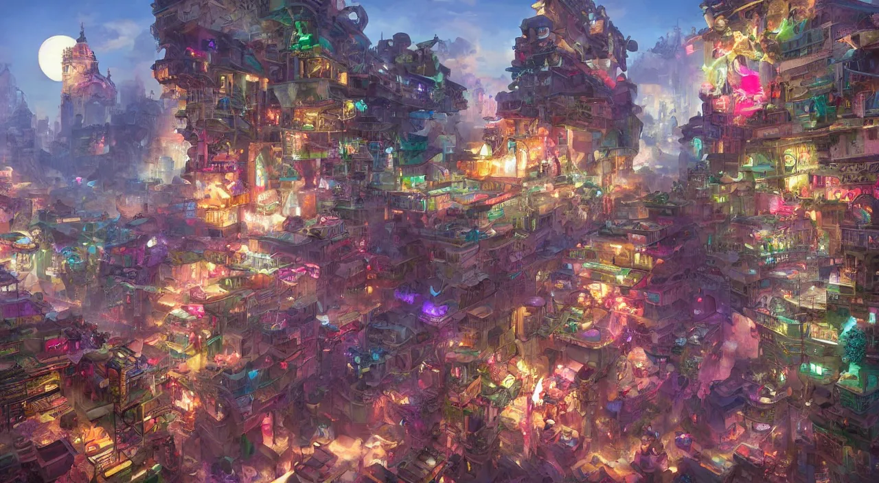 Image similar to bazaar zouk place aladin block greeble multicolorful sky shine mattepainting, street art, trending on artstation, by huang guangjian and gil elvgren and sachin teng