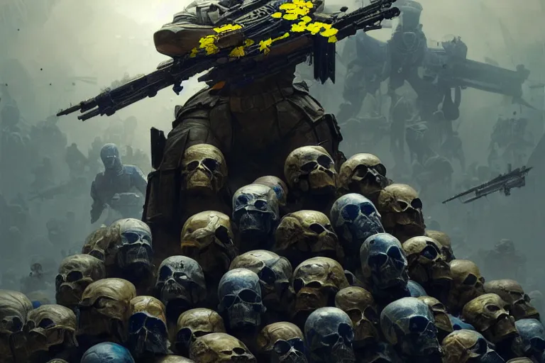 Image similar to A super soldier with Ukrainian blue and yellow flag is standing on a pile of skulls, Call of Duty, marvel, dark, intricate, highly detailed, smooth, artstation, digital illustration by Ruan Jia and Mandy Jurgens and Artgerm and Wayne Barlowe and Greg Rutkowski and Zdislav Beksinski