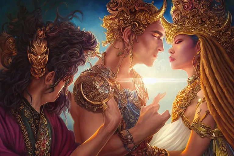 Image similar to close up moment of a divine a sun god and a moon goddess lovers magician at a wedding banquet, highly detailed, d & d, fantasy, highly detailed, digital painting, trending on artstation, concept art, sharp focus, asian feature, illustration, art by artgerm and daniel gerhartz and magali villeneuve