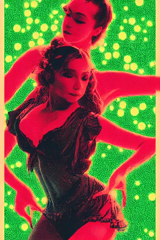 Image similar to illustrated poster of a dancer, in the style of john avon and raul urias and eva widermann, trending on artstation, halfrear lighting closeup view anaglyph filter, bokeh, anime, colored pencil art, belle epoque