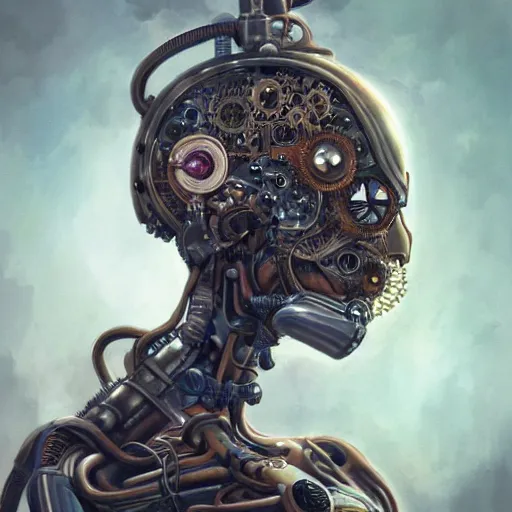 Image similar to portrait painting of a steampunk cyborg mother, transhumanism, ultra realistic, concept art, studio ghibli, intricate details, eerie highly detailed