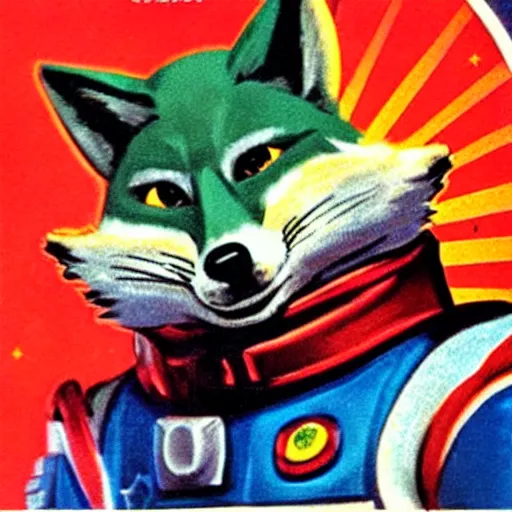 Image similar to 1 9 8 0 s video game art of fox mccloud from starfox in a space cadet uniform, propaganda poster, realistic