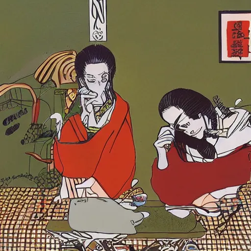 Image similar to Japanese beauty wrapped in a snake having tea with her husband by Toshio Saeki, high detailed