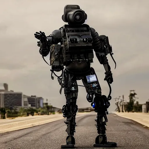 Image similar to futuristic special forces soldier robot, with exoskeleton armor and night vision goggles