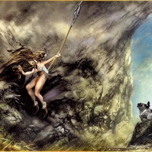 Image similar to a magical land of flying pug dogs, luis royo, frazetta, whealan,