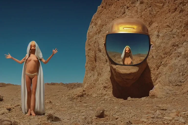 Image similar to levitating glowing woman with full - face golden mask in a dry rocky desert landscape, visible sky and sunny atmosphere, fata morgana giant mirrors, black star and alien space - ship in the sky by alejandro jodorowsky. christopher doyle and giger, anamorphic lens flares, kodakchrome, cinematic composition, practical effects, 8 k,