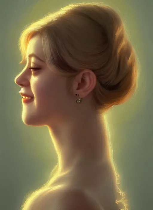 Image similar to portrait of lili reinhart with fluffy bangs, smiling kindly, bangs, 1 9 6 0 s, ponytail, curly bangs and ponytail, rounder face, intricate, elegant, glowing lights, highly detailed, digital painting, artstation, concept art, smooth, sharp focus, illustration, art by wlop, mars ravelo and greg rutkowski