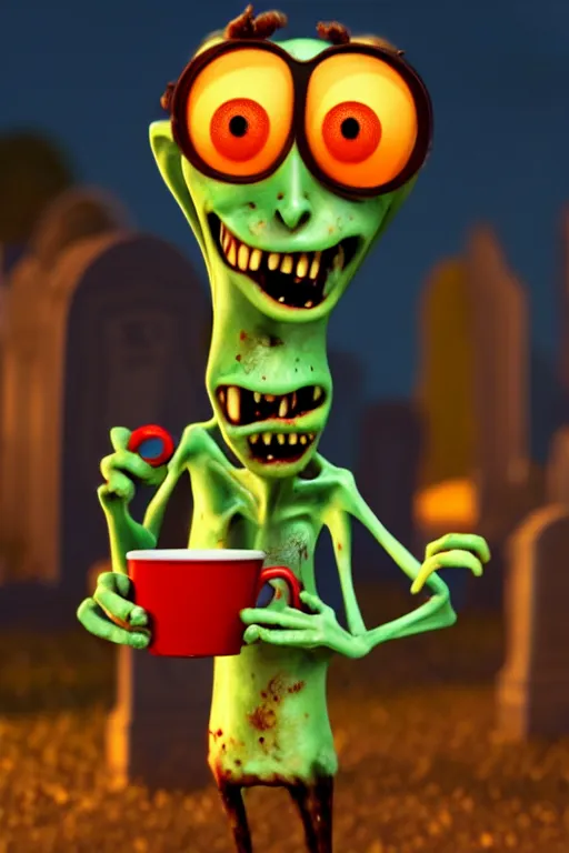 Image similar to a funny zombie character with big eyes holding a cup of coffee on a cemetery at night. pixar disney 4 k 3 d render movie oscar winning trending on artstation and behance. ratatouille style.