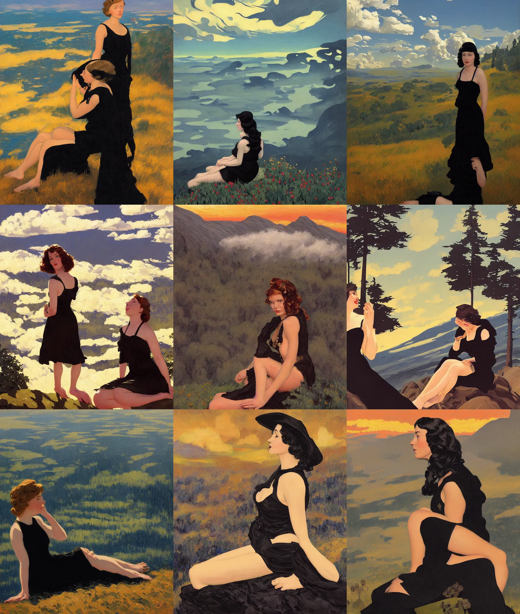 Prompt: sitting girl in black dress between clouds above american nature, 1930 steampunk, lakes and forests in sunset light, portrait, elegant, intricate, digital painting, artstation, concept art, smooth, sharp focus, illustration, painting in the style of ed mell and Daniel F. Gerhartz and Jacek Malczewski and gustav klimt and walter everett and tibor nagy