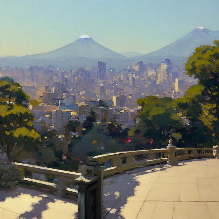 Image similar to painting of a stone railing urban japanese city in the background, calm, sunny day, artwork by jeremy lipkin and giuseppe dangelico pino and michael garmash and rob rey and greg manchess and huang guangjian and makoto shinkai, sharp edges, simple form, 1 0 0 mm