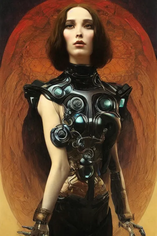 Image similar to portrait of raven, perfect future, iridescent color palette, by wlop and karol bak and bouguereau, 1 9 7 0 s retro future robot android. muted colors