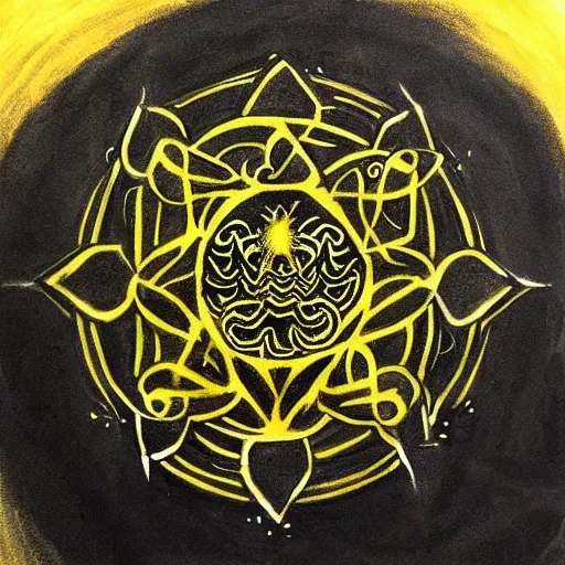 Prompt: charcoal painting of Cthulhu mandala on a yellow parchment