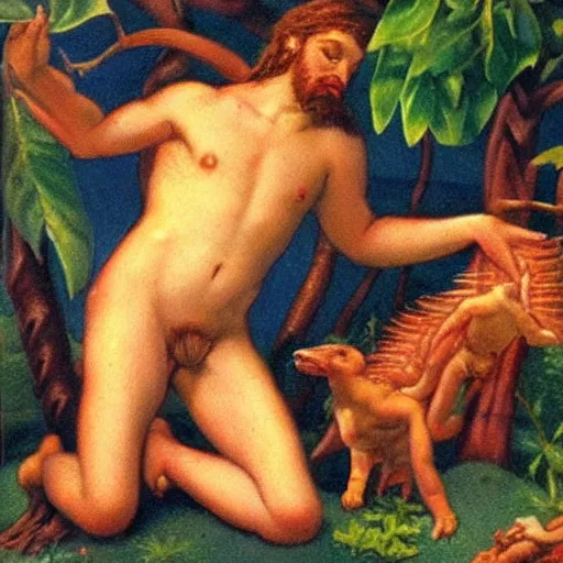 Prompt: eve starjumping in the garden of eden , with god blushing, hyper realism