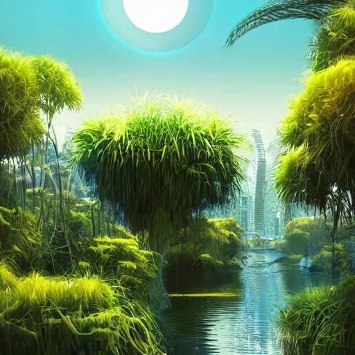 Image similar to beautiful happy picturesque charming organic futuristic sci - fi city integrated in nature. water and plants. beautiful light. grainy and rough. soft colour scheme. beautiful artistic vector graphic design by lurid. ( 2 0 2 2 )