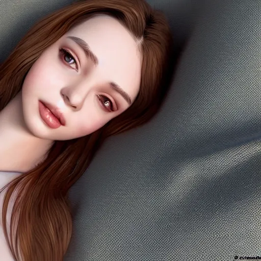 Image similar to 3 d render of a cute thin young woman, red blush, wearing casual clothes, small smile, relaxing on a couch, cuddling up under a blanket, cozy living room, medium shot, 8 k, octane render, trending on artstation, art by artgerm, unreal engine 5, hyperrealism, hyperdetailed, ultra realistic