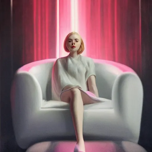 Prompt: Elle Fanning sitting on a white leather chair in the world of Samira Addo, head and shoulders portrait, stormy weather, extremely detailed masterpiece, oil on canvas, low-key neon lighting, artstation, Blade Runner 2049, Roger Deakin’s cinematography, by J. C. Leyendecker and Peter Paul Rubens and Edward Hopper and Michael Sowa,