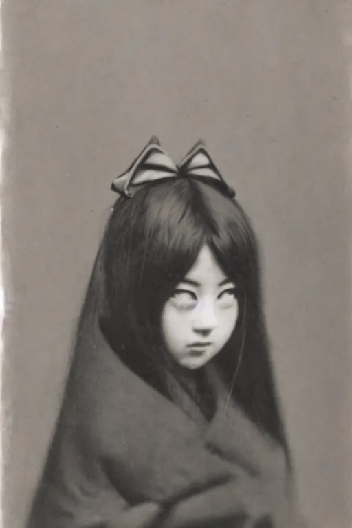 Prompt: first ever photograph of a catgirl, historic photograph, nekomimi cat ears, 19th century japan