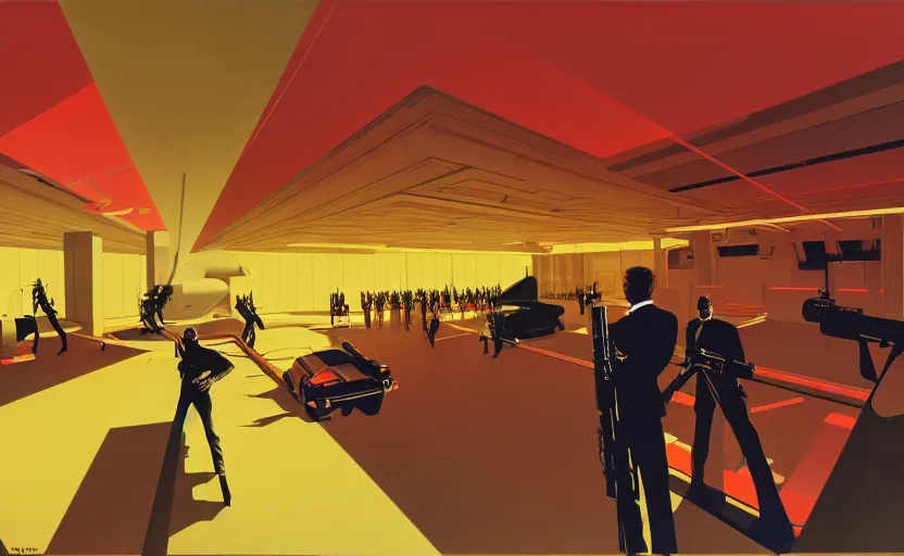 Image similar to syd mead, big room in center pedestal with ak 4 7 and men's in suit's around, soft light, red + yellow colours, golden facture, high quality details, two point perspective, denoise deep depth of field