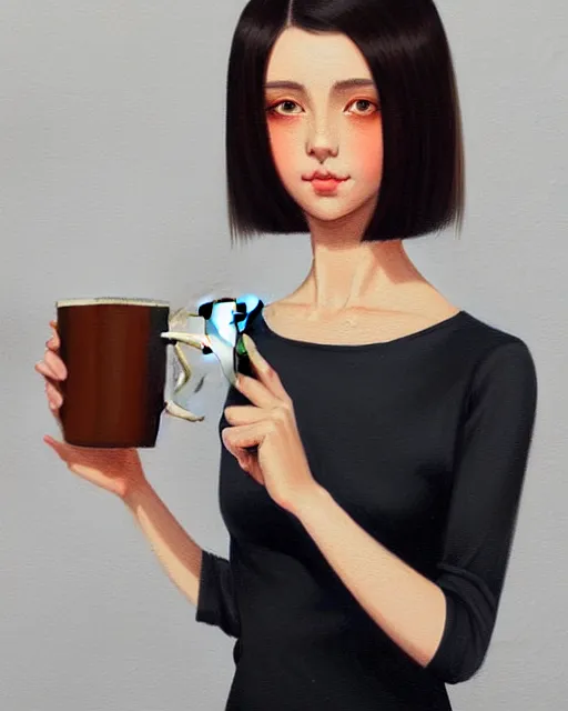 Image similar to a portait of a beautiful dark haired french girl, attractive collarbone and shoulders, holding a mug of hot tea. In the style of ilya kuvshinov, elegant, highly detailed, photorealistic, digital painting, high resolution, artstation, concept art, smooth