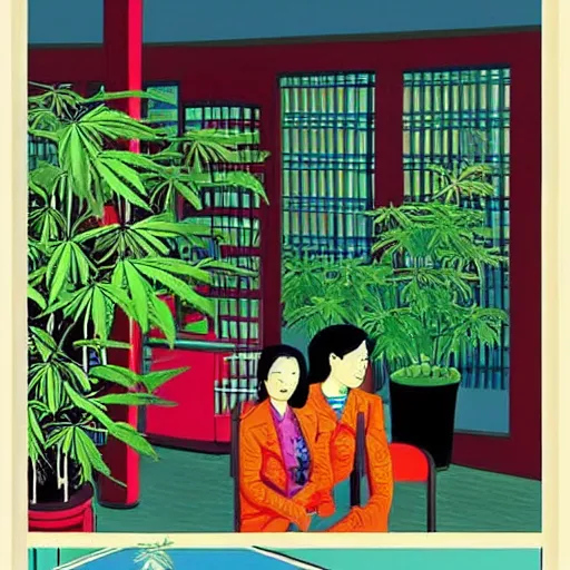 Prompt: taiwanese style cafe inside are australian patrons, decorated with cannabis pot plants 🪴 utopia frontage, pop art poster, vivid colors by will barnet