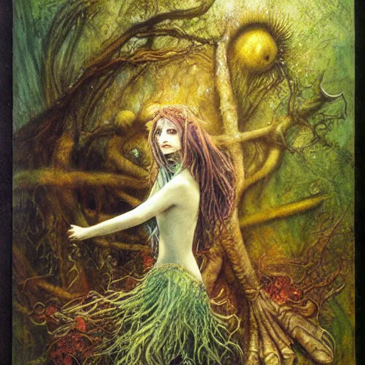 Image similar to smirking rusalka of the blighted swamp, aquiline features, black shimmering hair, by brian froud, cold secondary colors, oil on canvas