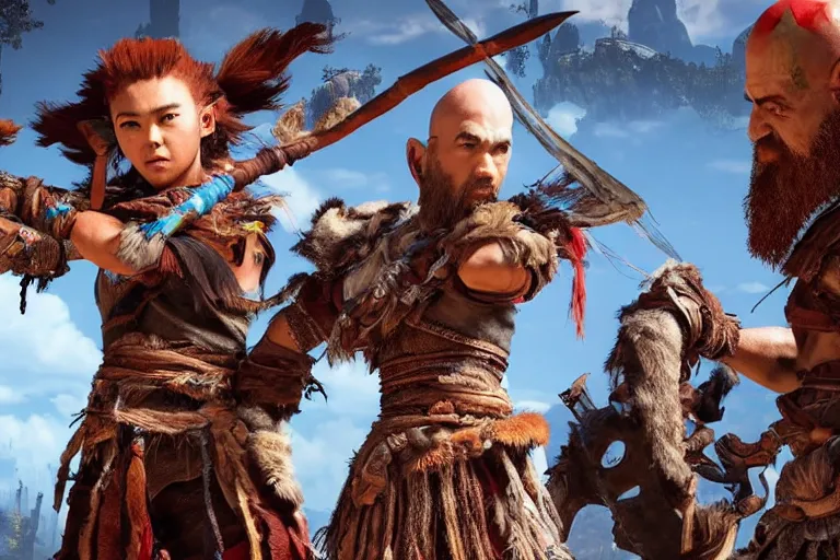 Image similar to aloy from the horizon zero dawn videogame playing the guitar with kratos from the god of war videogame playing the drums