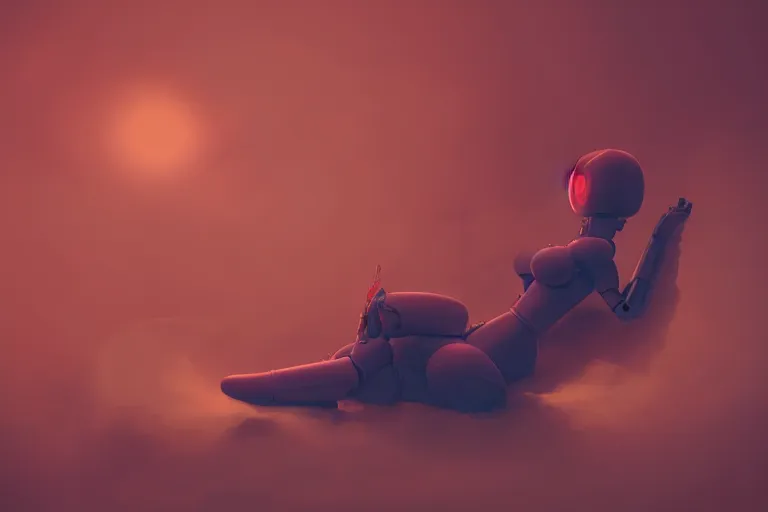 Image similar to a cute robot girl sitting on a cloud relaxing, misty, digital art, hazy, foggy, red lighting, ambient lighting, 8 k,