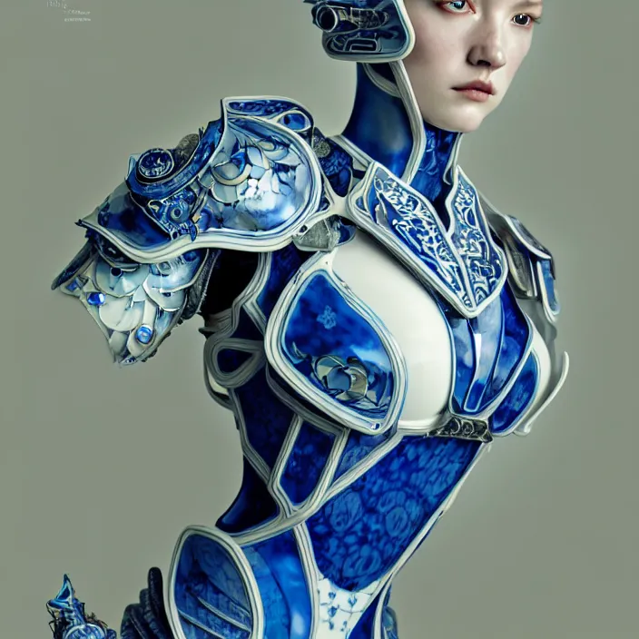 Prompt: porcelain cyborg armor, Chinese Blue and white porcelain, diffuse lighting, fantasy, intricate, elegant, highly detailed, lifelike, photorealistic, digital painting, artstation, illustration, concept art, smooth, sharp focus, art by John Collier and Albert Aublet and Krenz Cushart and Artem Demura and Alphonse Mucha