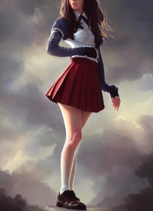 Image similar to a beautiful woman with school uniform, seifuku, pleated miniskirt, overknee socks, adriana lima, painted by artgerm and tom bagshaw, fantasy art, dramatic lighting, highly detailed oil painting, volumetric lighting