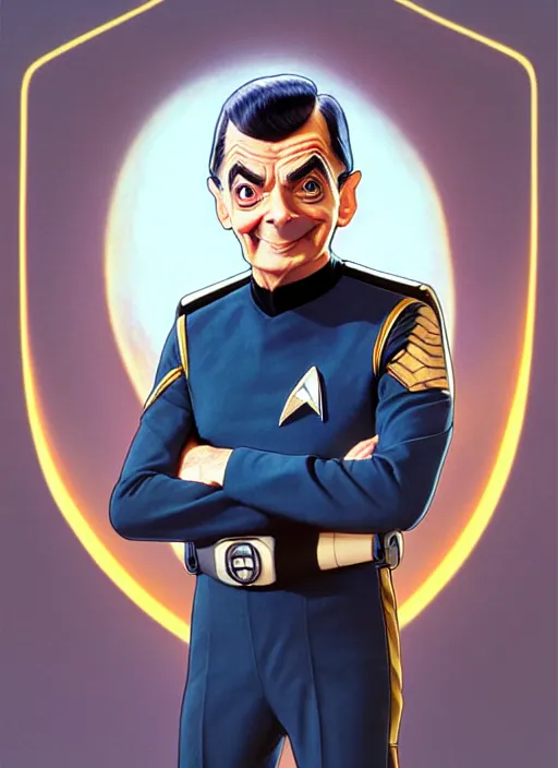 Image similar to cute star trek officer mr bean, natural lighting, path traced, highly detailed, high quality, digital painting, by don bluth and ross tran and studio ghibli and alphonse mucha, artgerm