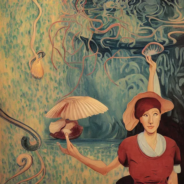 Image similar to tall female artist holding a nautilus in her flooded kitchen, pomegranates, octopus, water gushing from ceiling, painting of flood waters inside an artist's apartment, a river flooding indoors, candles, ikebana, zen, rapids, waterfall, black swans, canoe, berries, acrylic on canvas, surrealist, by magritte and monet