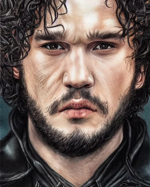 Image similar to portrait of kit harrington, gritty, dark, wearing a undone leather jacket, bare-chested, very detailed eyes, hyperrealistic, very detailed painting by Glenn Fabry, by Joao Ruas, by Artgerm, mfs shot