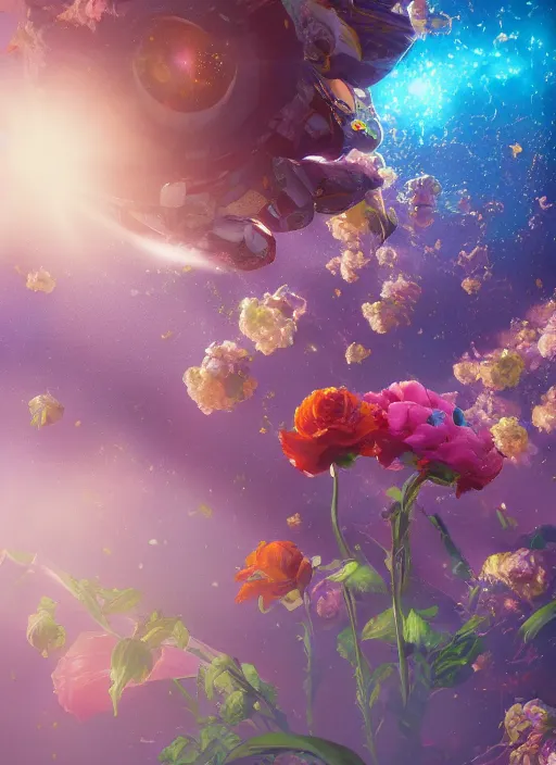 Image similar to An epic fantastic realism comic book style painting of the most beautiful flowers launched into space, bouquets, fisheye lens, unreal 5, DAZ, hyperrealistic, octane render, dynamic lighting