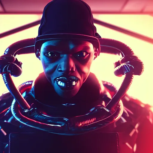 Image similar to portrait of a evil hiphop gangsta robot possessed by demon, expression, unreal engine, by artgerm, wlop and ross thran, dramatic cinematic lighting rendered by octane, 8 k, detailed