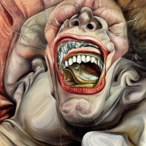 Prompt: high quality high detail painting by lucian freud, hd, a laughing monster, photorealistic lighting