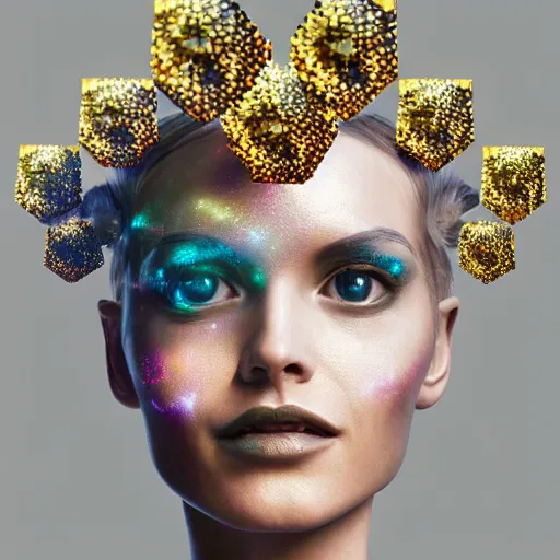 Prompt: hyperrealistic portrait of unknown extraterrestrial interstellar civilization woman in style of ingo swan, in style of retro sci - fi with holographic hexagonal flowers as crown 8 k