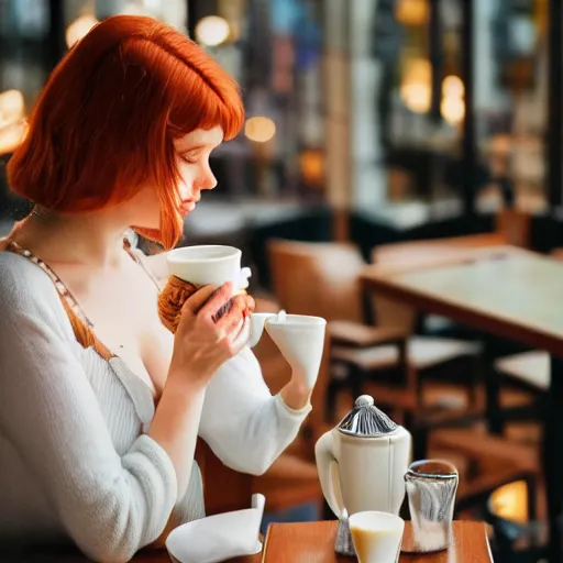 Prompt: Ultra detailed photo of redhead woman drinking steamy latte in dimly lit coffee shop, wearing elegant jewellery, relaxed pose, cosy, happy, 8k, by WLOP, Artstation trending, perfect lighting