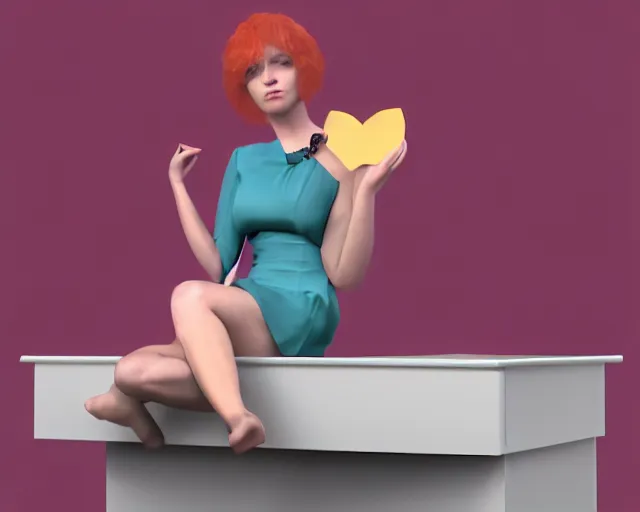 Image similar to a woman sitting on a desk with a heart shaped object in her lap, computer graphics by Minerva J. Chapman, polycount, net art, daz3d, 3d, rendered in maya