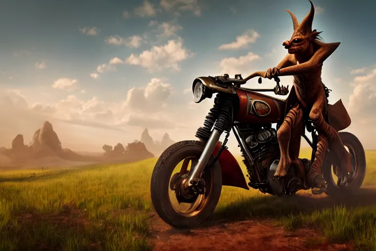 Prompt: a goblin riding a steampunk motorcycle on a dirt road in a meadow, volumetric light, studio lighting, hyperdetailed, artstation, cgsociety, 8k