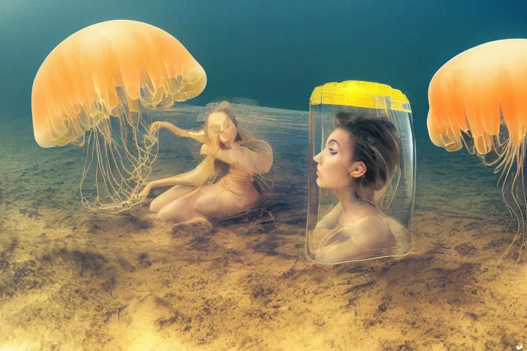 Prompt: high-angle view of a Ukrainian lush female jellyfish human hybrid wearing vacuum tube amp roman armor and transparent amber neck guard with transparent digital number readout floating in front of face, sitting inside of an underwater airport terminal with a large submarines in the horizon silt rising from the seabed floor, filing cabinets in the sand, ektachrome color photograph, volumetric lighting, off-camera flash, 24mm f8 aperture