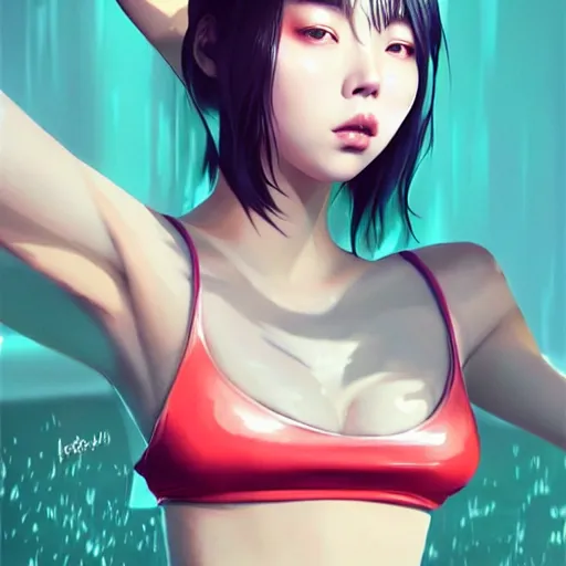 Image similar to a beautiful young korean kpop star billie eilish lucy liu alluring instagram model in elaborate latex bikini tank top, tank top made from latex demon faces, by guweiz and wlop and ilya kuvshinov and artgerm and, aesthetic, gorgeous, stunning, alluring, attractive, artstation, deviantart, pinterest, digital art