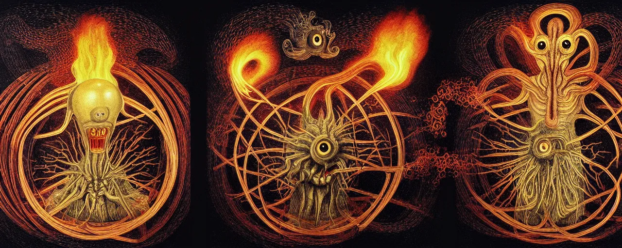 Image similar to a strange fire creature with endearing eyes radiates a unique canto'as above so below'while being ignited by the spirit of haeckel and robert fludd, breakthrough is iminent, glory be to the magic within, in honor of saturn, painted by ronny khalil