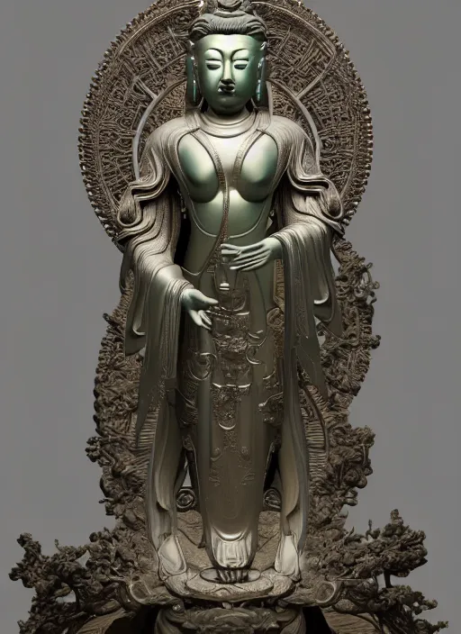 Image similar to a art deco sculpture statue of full body guanyin, intricate complexity,, statue by jane hamilton, ruan jia, character concept, radiant light,, frostbite 3 engine, cryengine, dof, trending on artstation, digital art, fantasy detailed abackground